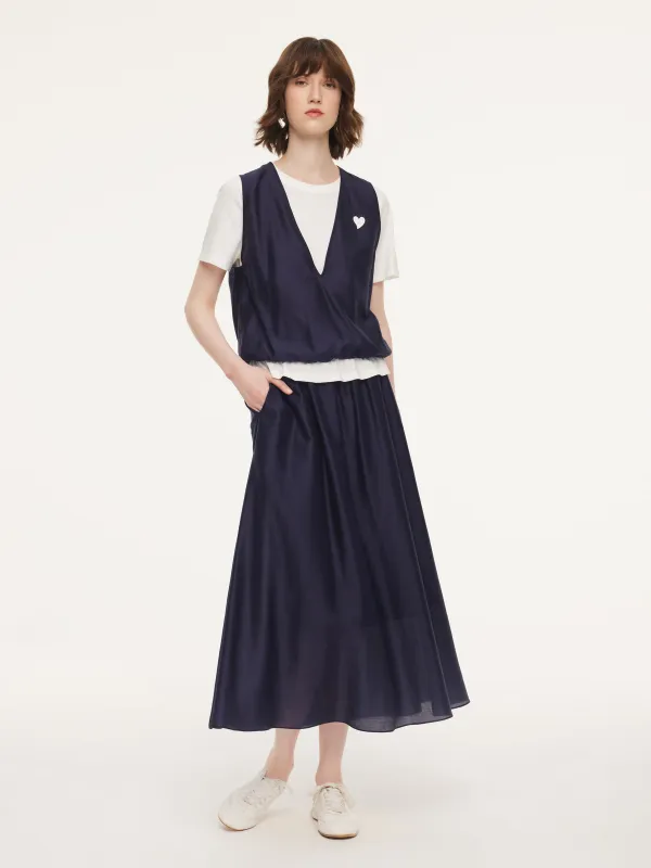 Tencel Blend Mock Layered Top And Skirt Two-Piece Set sold by Goelia