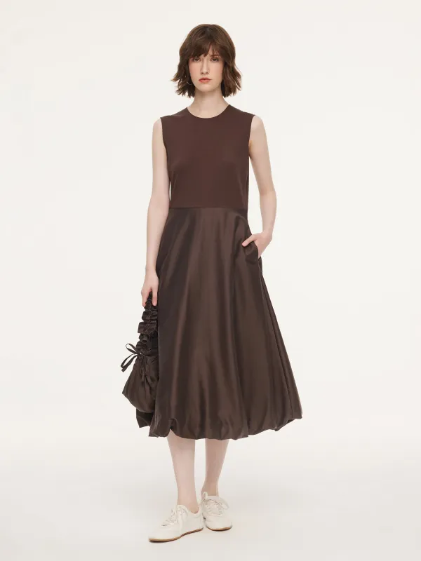 Dark Brown Patchwork Bubble Hem Women Sleeveless Maxi Dress With Bag sold by Goelia