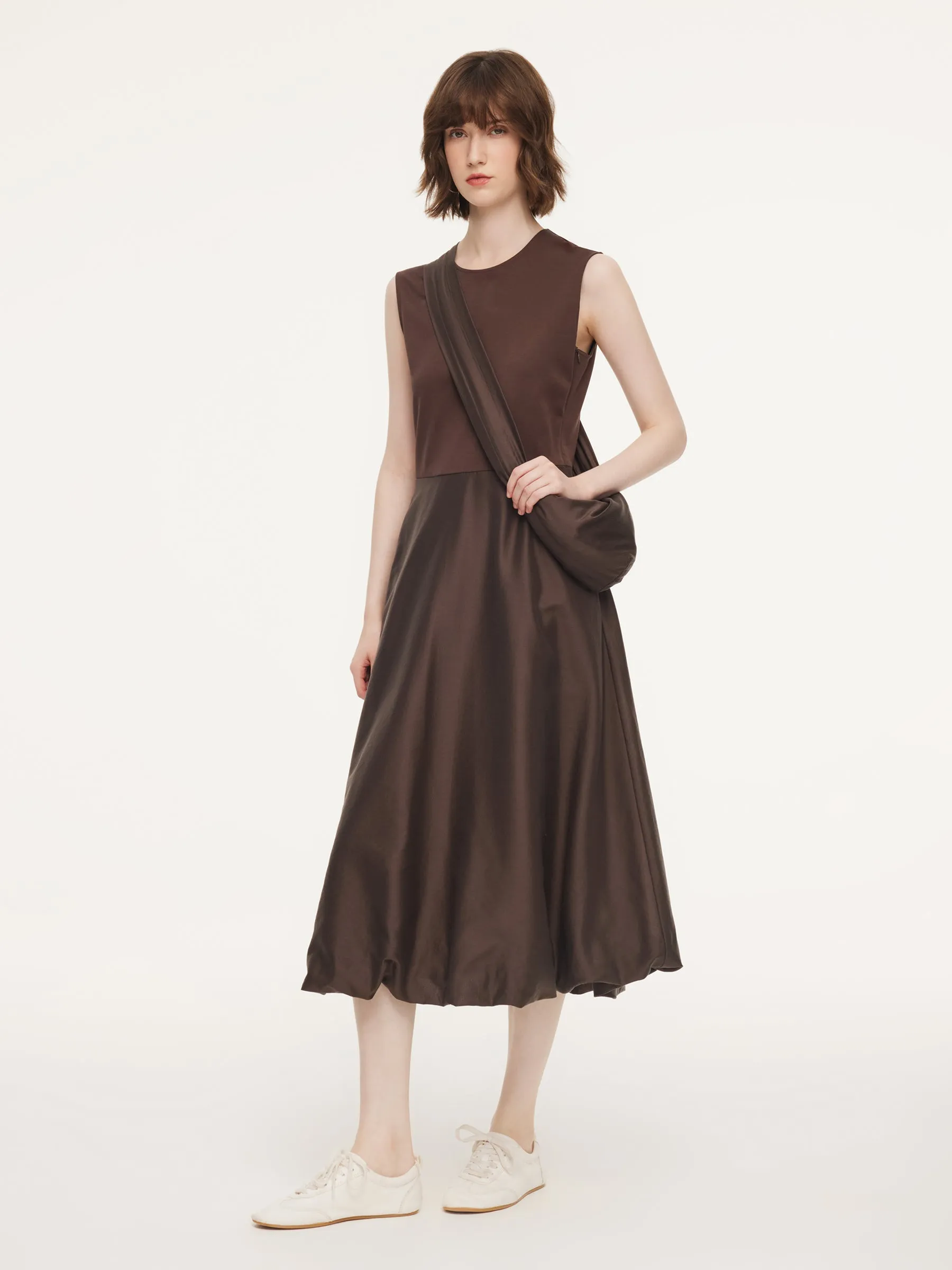 Dark Brown Patchwork Bubble Hem Women Sleeveless Maxi Dress With Bag sold by Goelia product image thumbnail 2