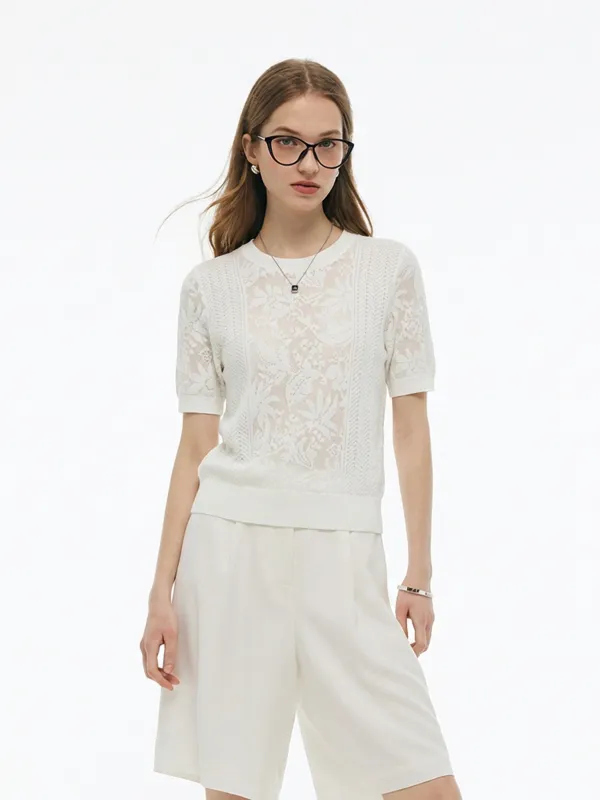 Lace Jacquard Round Neck Women Knit Top sold by Goelia