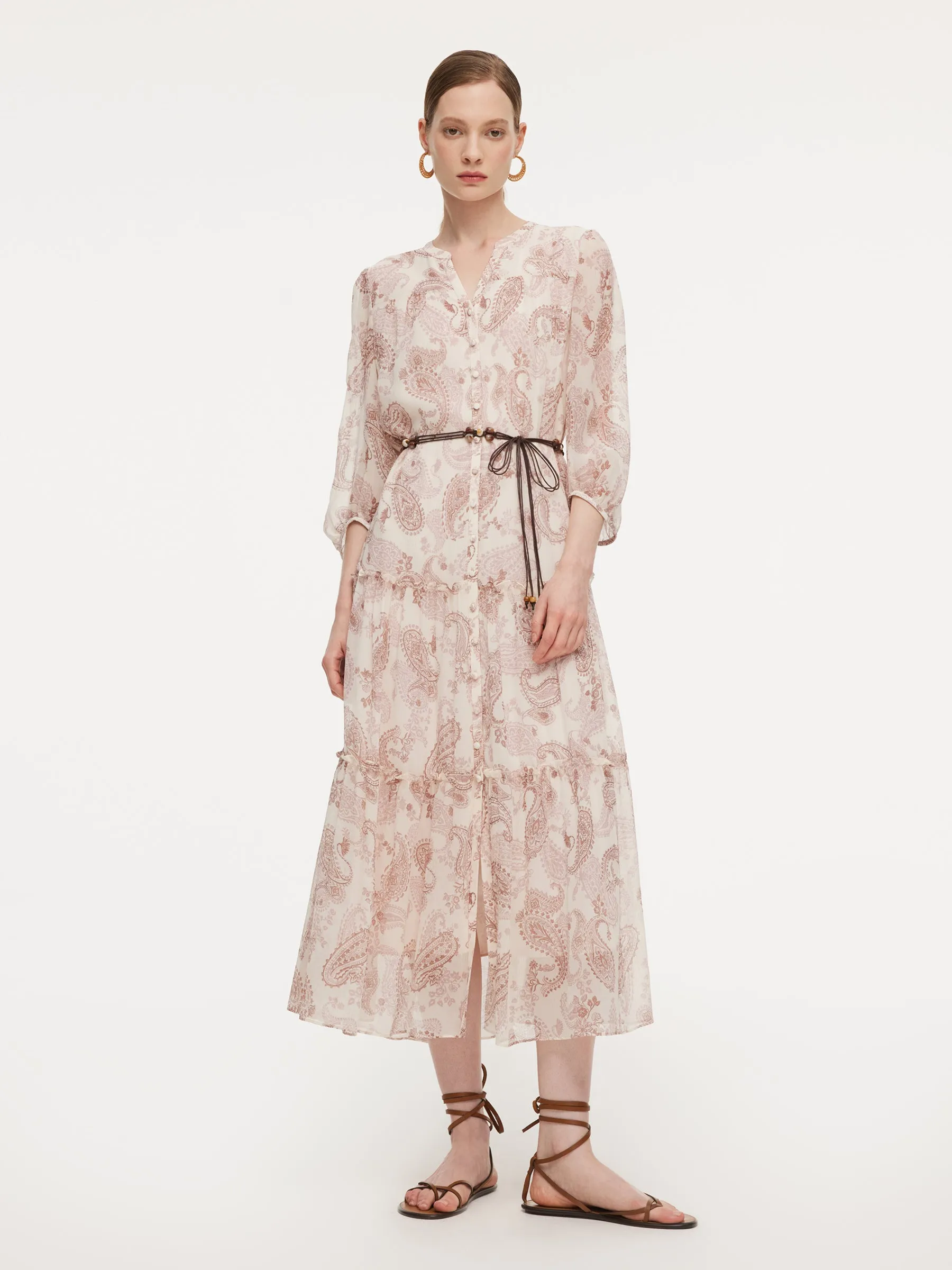 10MM Mulberry Silk Paisley Print Women Maxi Dress With Two Self-Tie Belts sold by Goelia