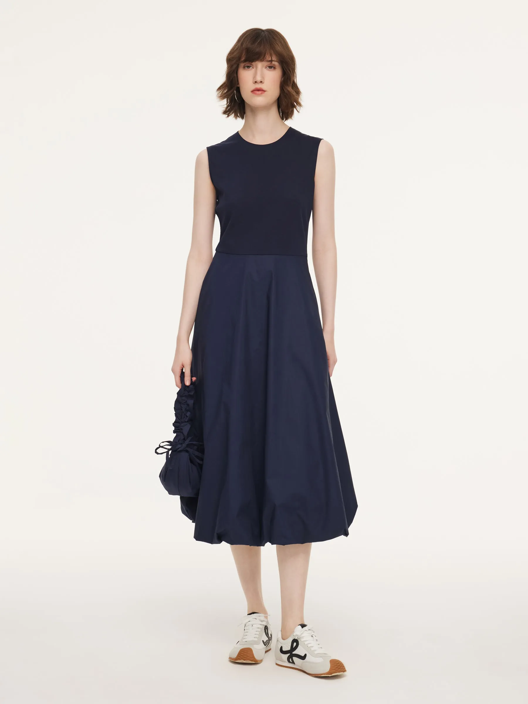 Dark Navy Bubble Hem Women Sleeveless Maxi Dress With Bag sold by Goelia