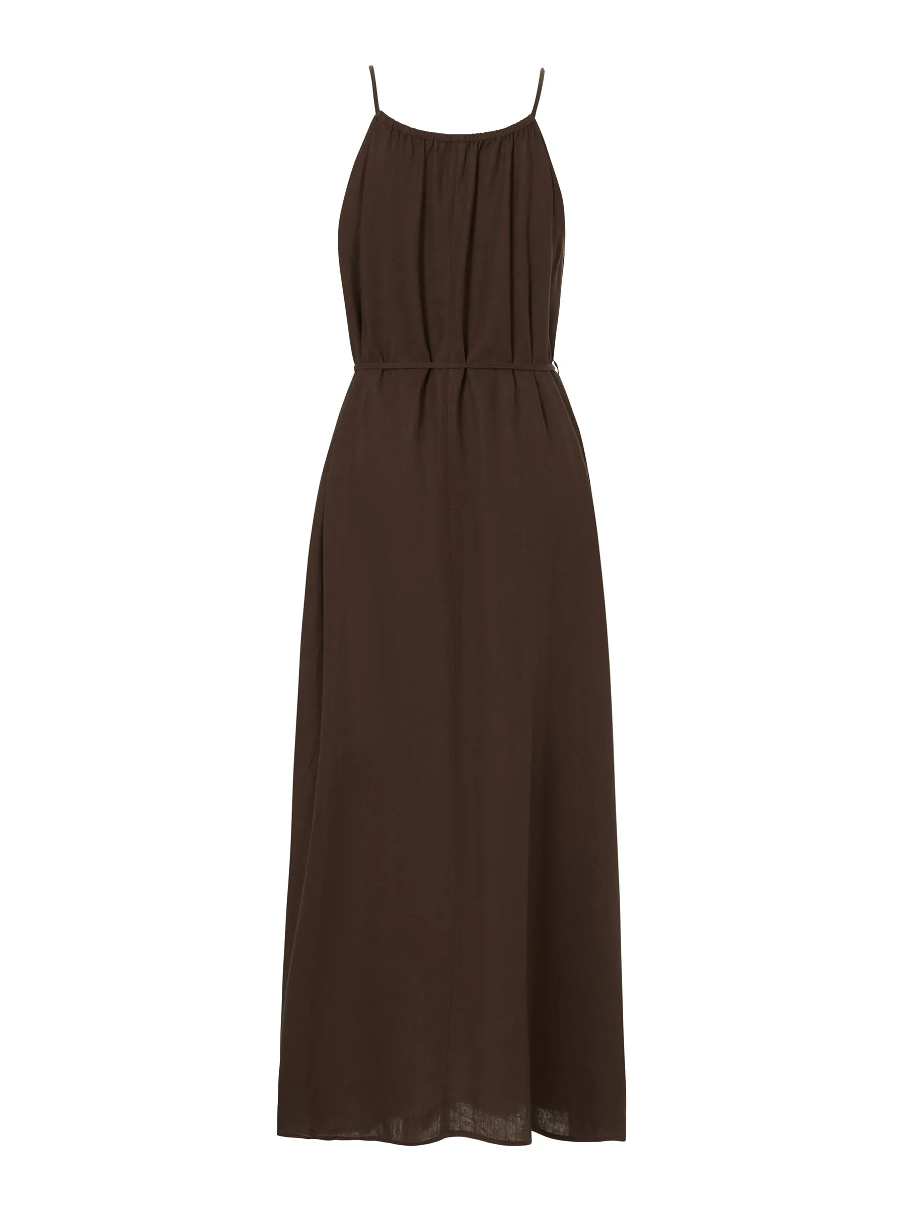 100% Linen Beaded Neck Women Strap Maxi Dress With Tie String Belt sold by Goelia product image thumbnail 2