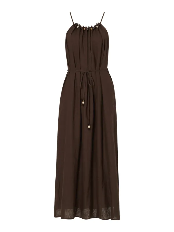 [Preview] 100% Linen Beaded Neck Women Halter Maxi Dress With Tie String Belt sold by Goelia