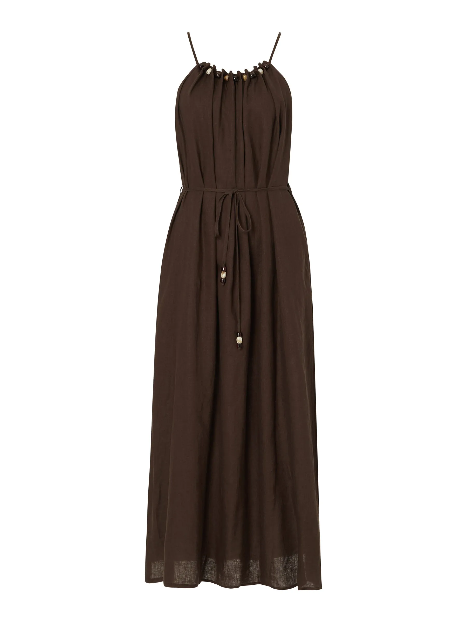 100% Linen Beaded Neck Women Strap Maxi Dress With Tie String Belt sold by Goelia