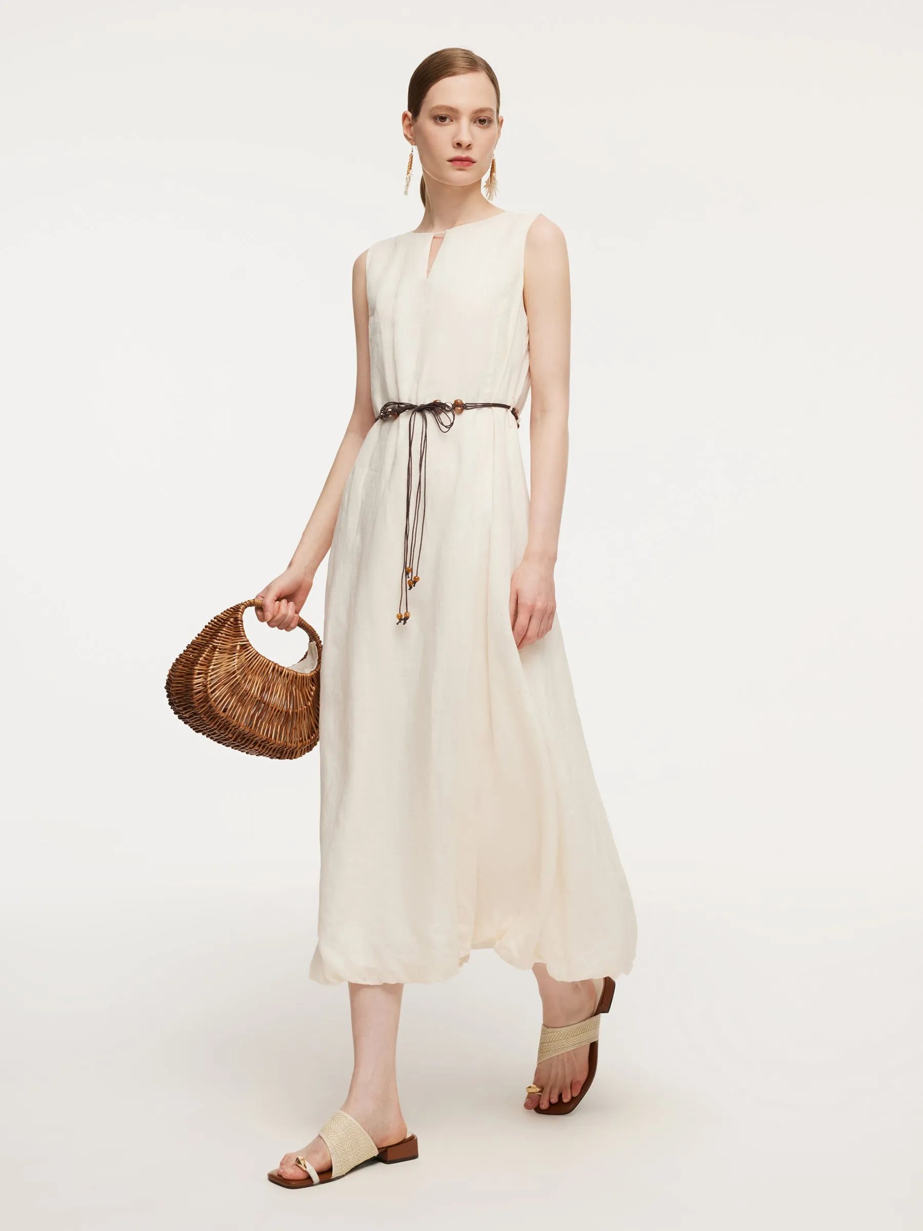 100% Ramie Bubble Hem Women Sleeveless Maxi Dress With Tie String Belt sold by Goelia product image thumbnail 5