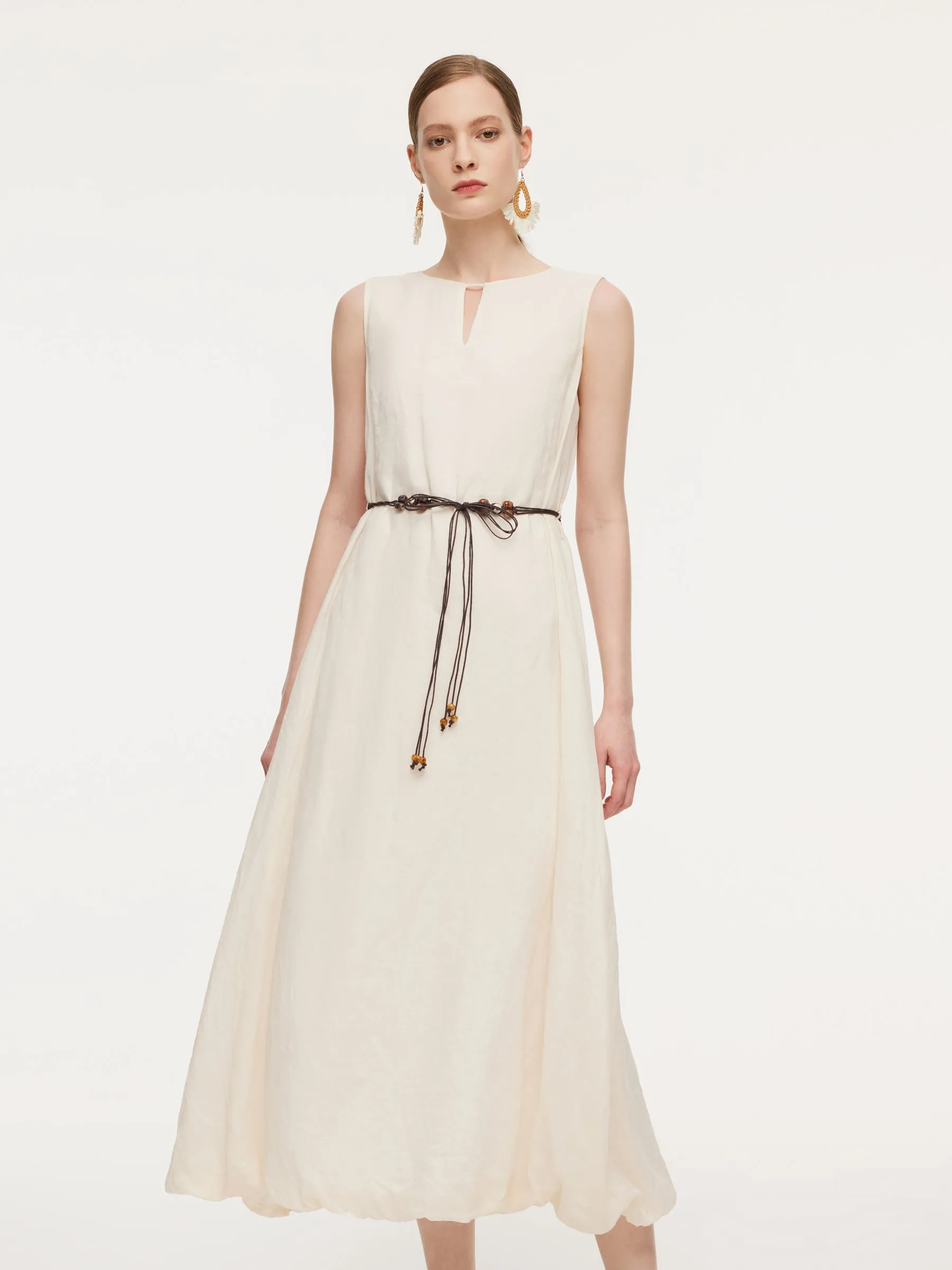 100% Ramie Bubble Hem Women Sleeveless Maxi Dress With Tie String Belt sold by Goelia product image thumbnail 2