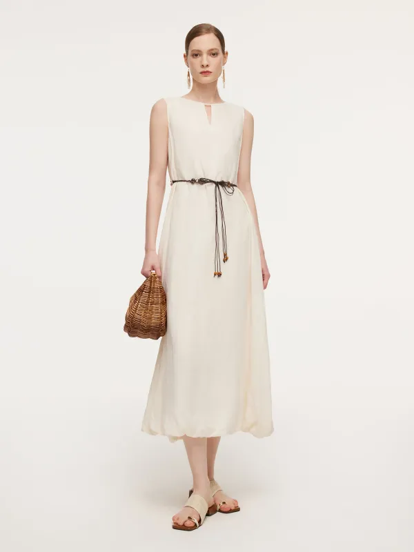 100% Ramie Bubble Hem Women Sleeveless Maxi Dress With Tie String Belt sold by Goelia