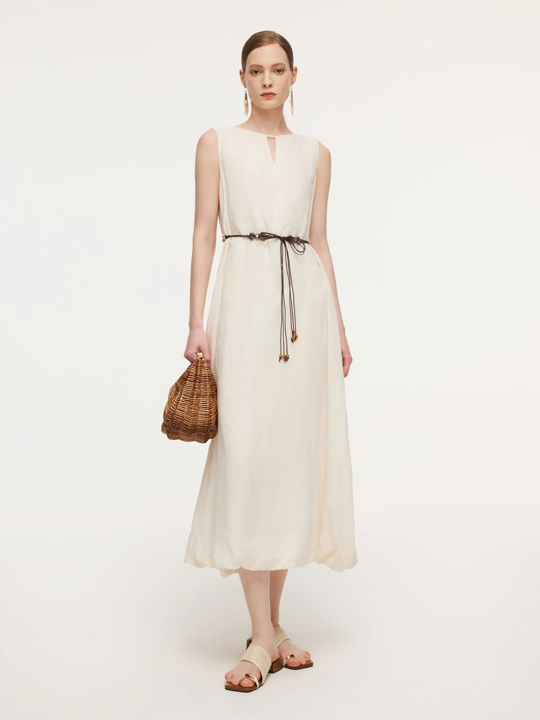 100% Ramie Bubble Hem Women Sleeveless Maxi Dress With Tie String Belt sold by Goelia
