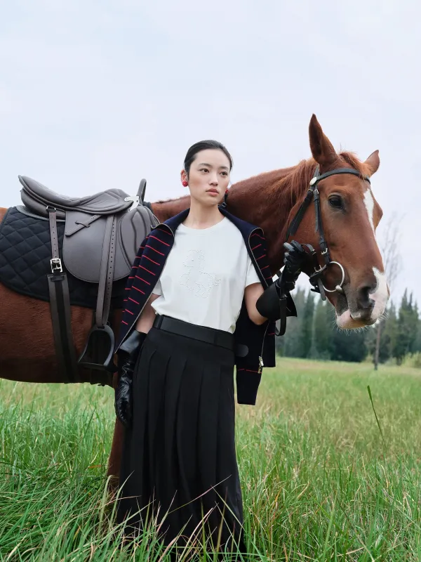 Round Neck Beaded Pony Graphic Women T-Shirt sold by Goelia