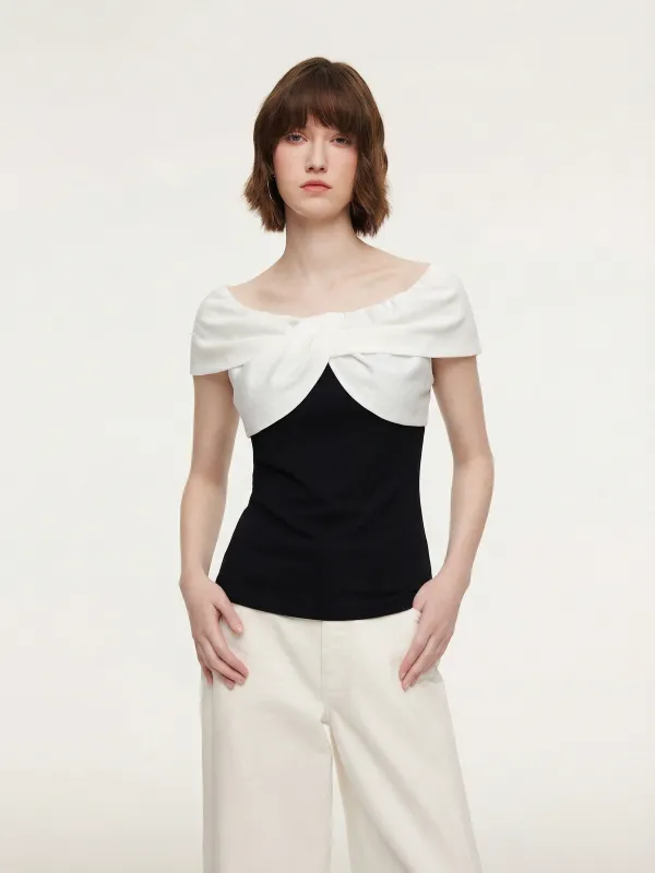 Tencel Blend Patchwork Bow Neck Women Knit Top made by Goelia