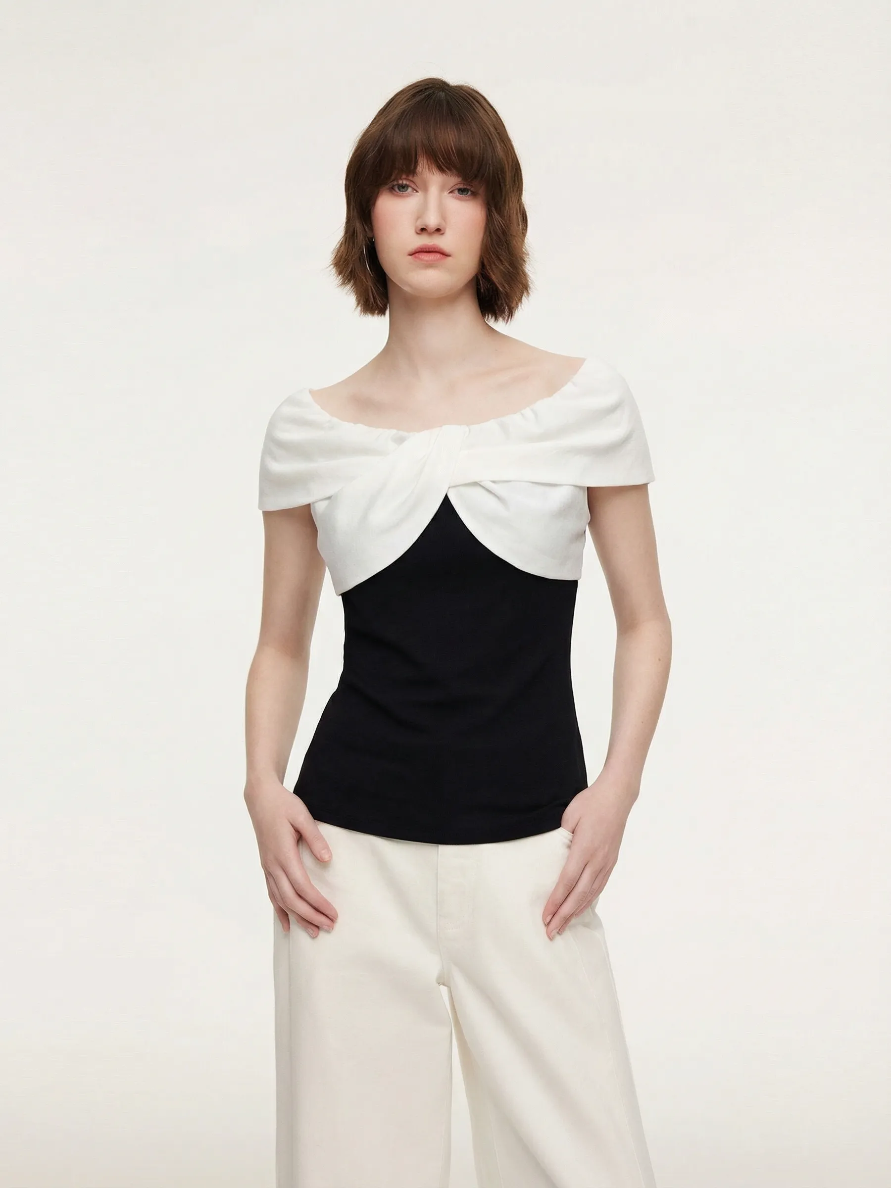 Tencel Blend Patchwork Bow Neck Women Knit Top sold by Goelia