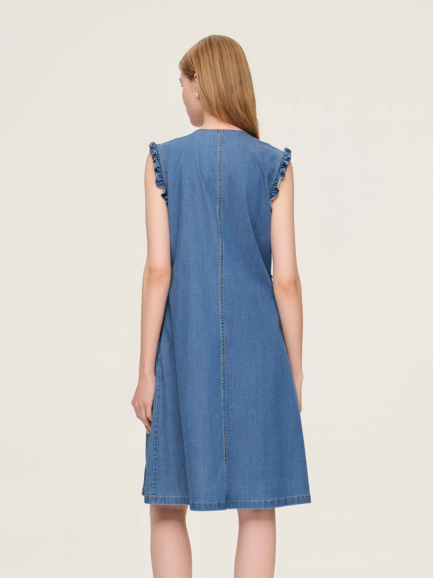 Lyocell Blend Denim V-Neck Women Sleeveless Midi Dress sold by Goelia product image thumbnail 3