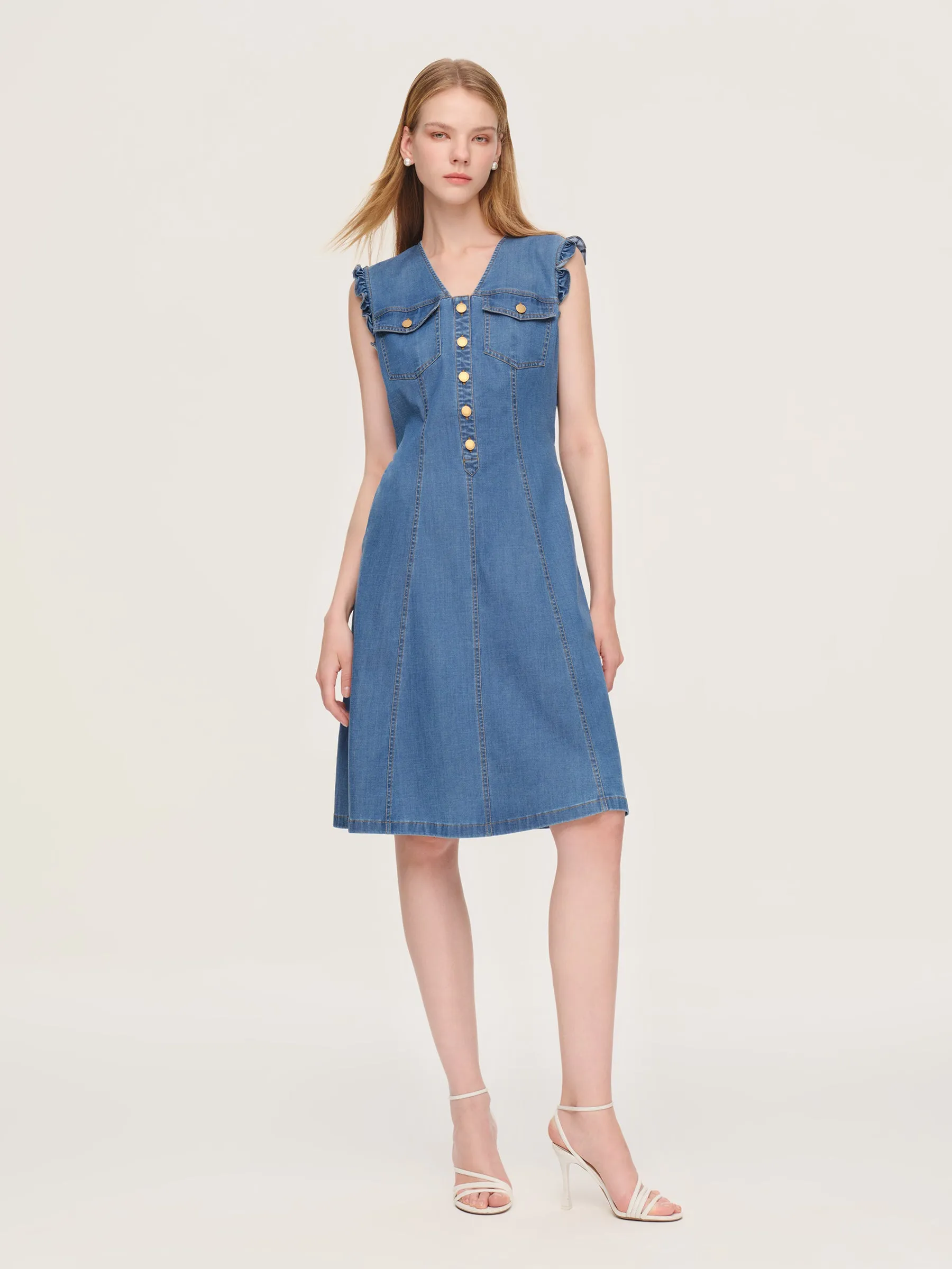 Lyocell Blend Denim V-Neck Women Sleeveless Midi Dress sold by Goelia product image thumbnail 2
