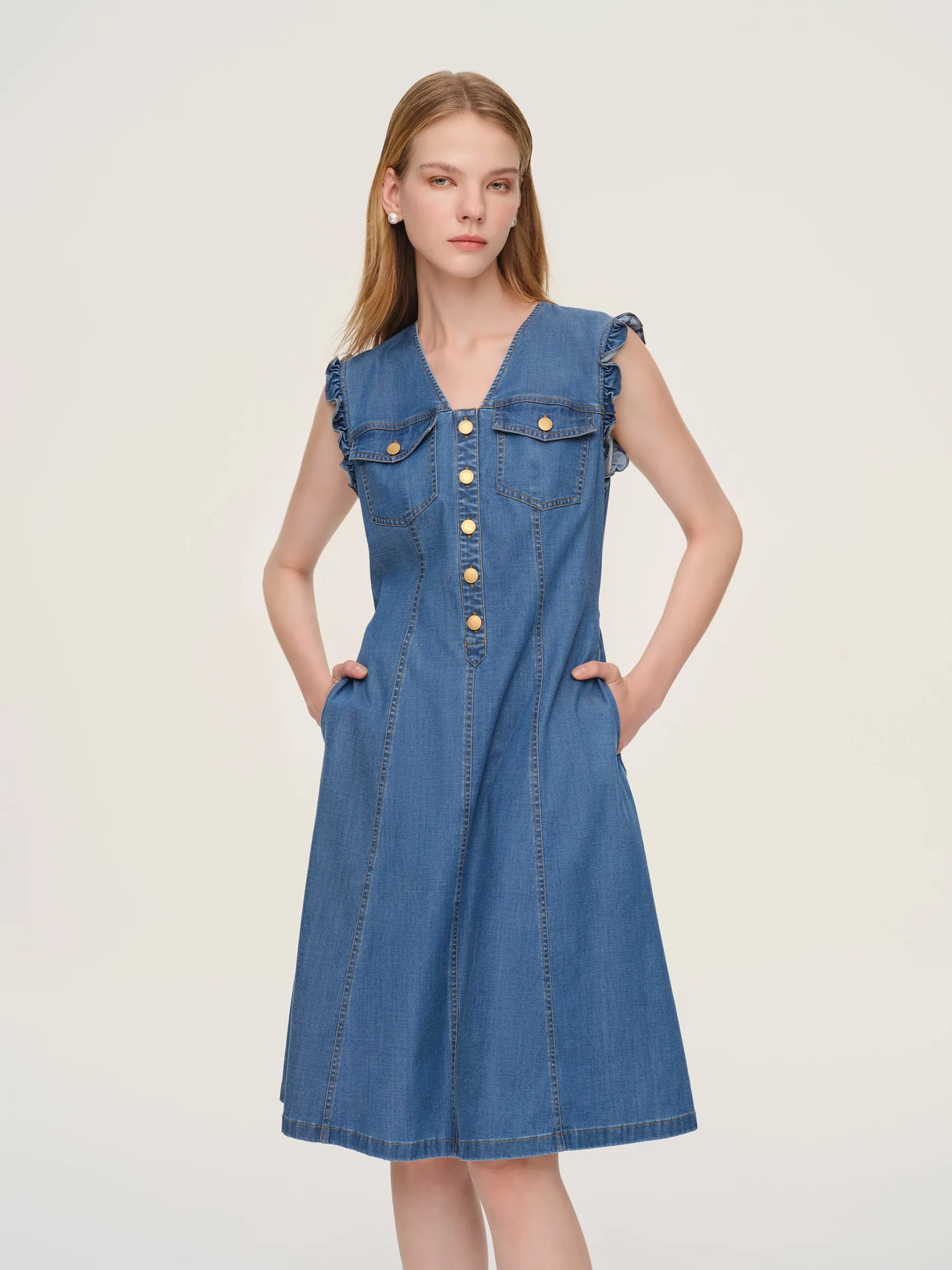 Lyocell Blend Denim V-Neck Women Sleeveless Midi Dress sold by Goelia product image thumbnail 5