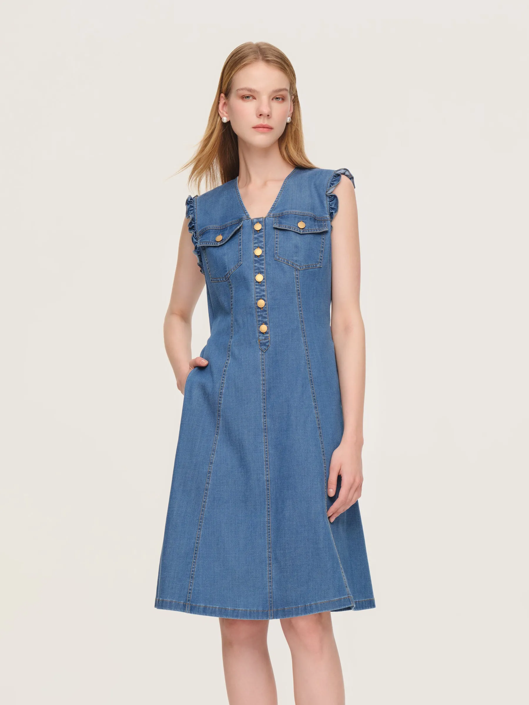 Lyocell Blend Denim V-Neck Women Sleeveless Midi Dress sold by Goelia