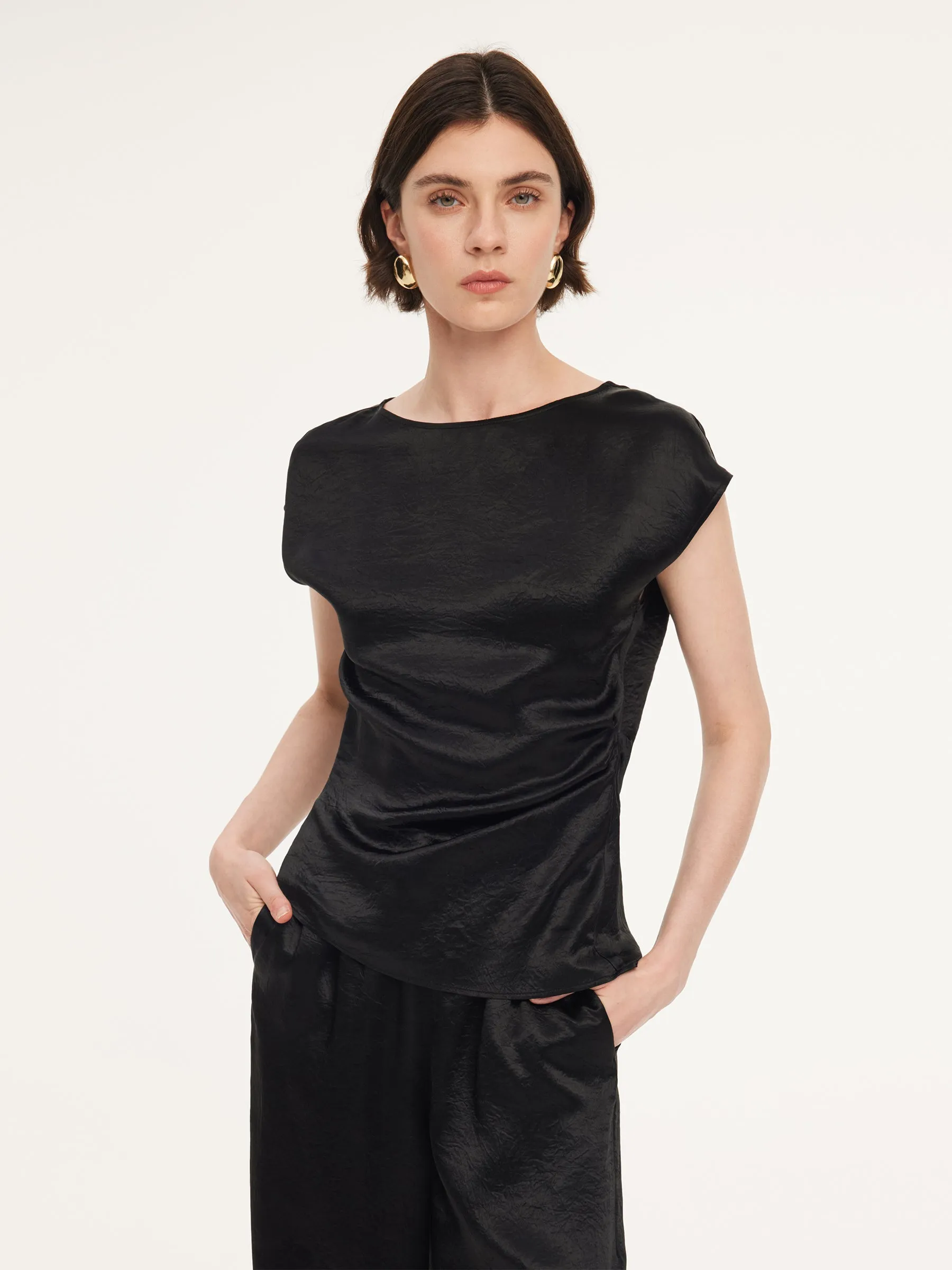 100% Acetate Ruched Side Top And Pants Two-Piece Set sold by Goelia product image thumbnail 5