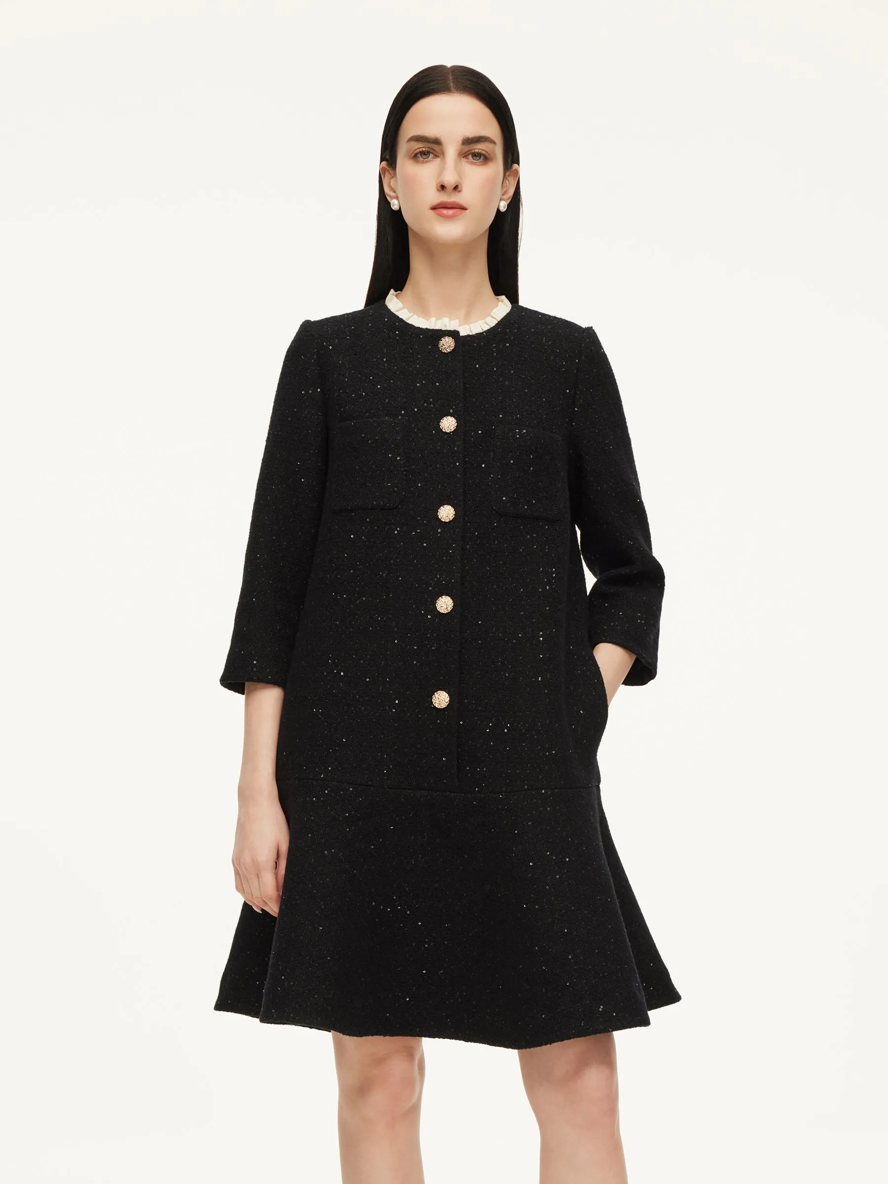 Wool Blend Sequins Ruffle Hem Women A-Line Mini Dress sold by Goelia