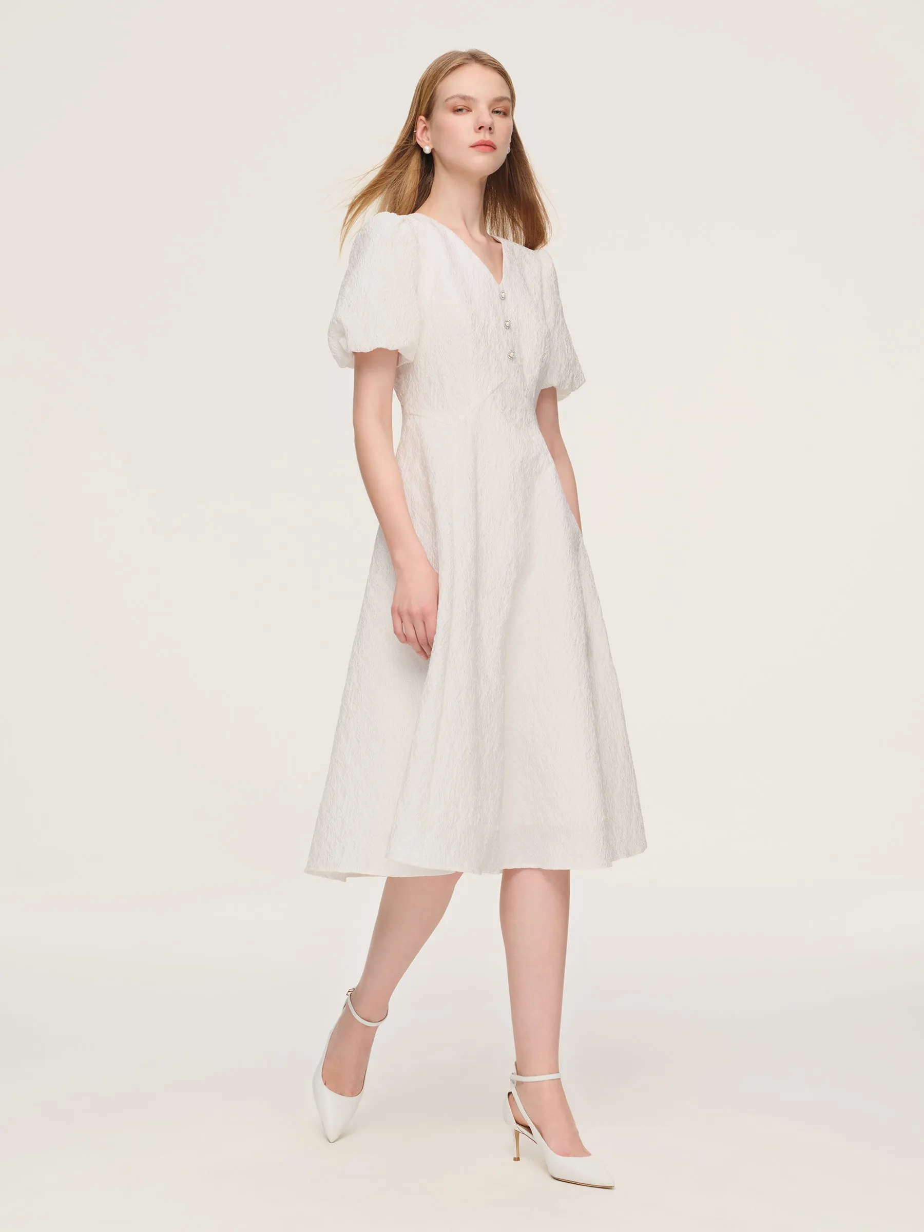 Jacquard Puff Sleeve Women Midi Dress sold by Goelia product image thumbnail 2