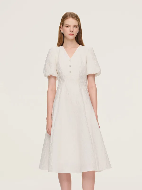 Jacquard Puff Sleeve Women Midi Dress sold by Goelia