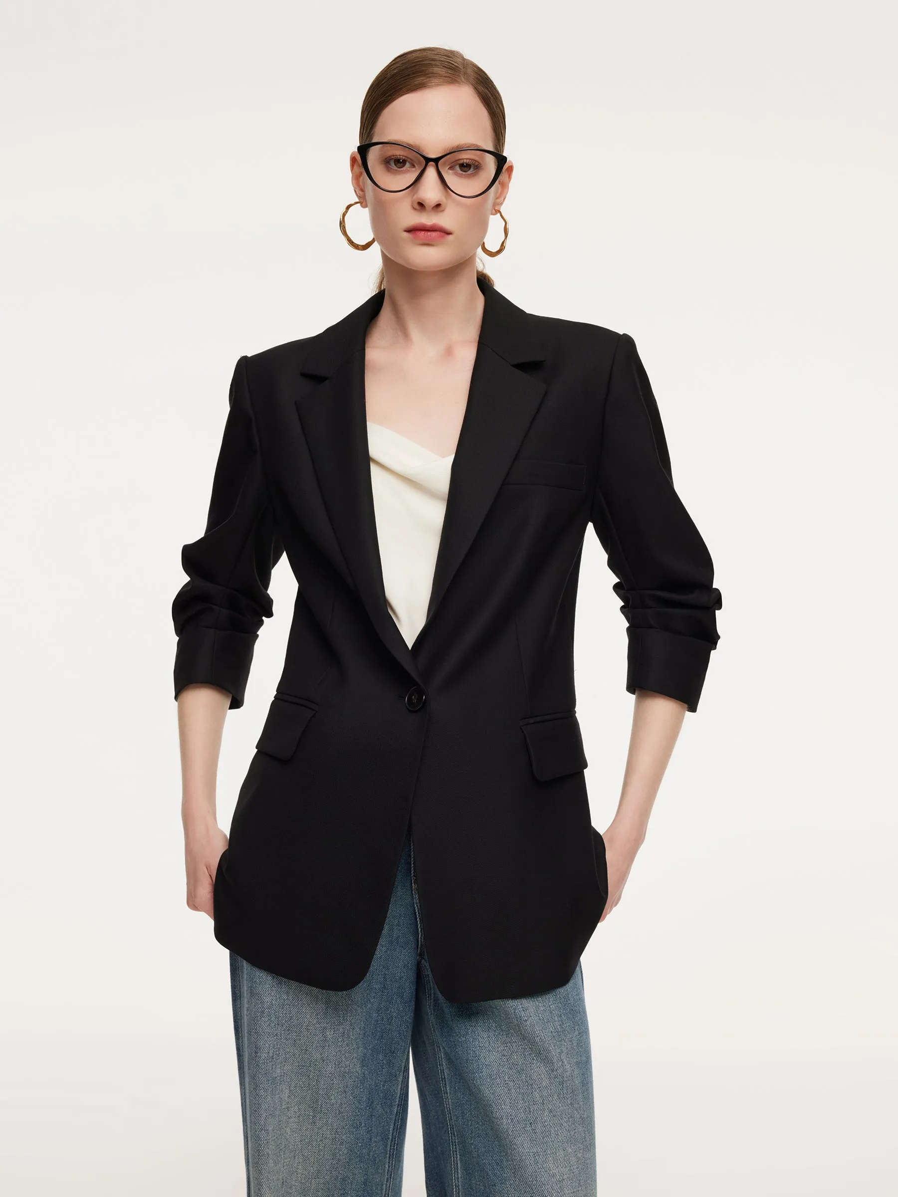 100% Worsted Wool 3/4 Ruched Sleeves Women Blazer sold by Goelia