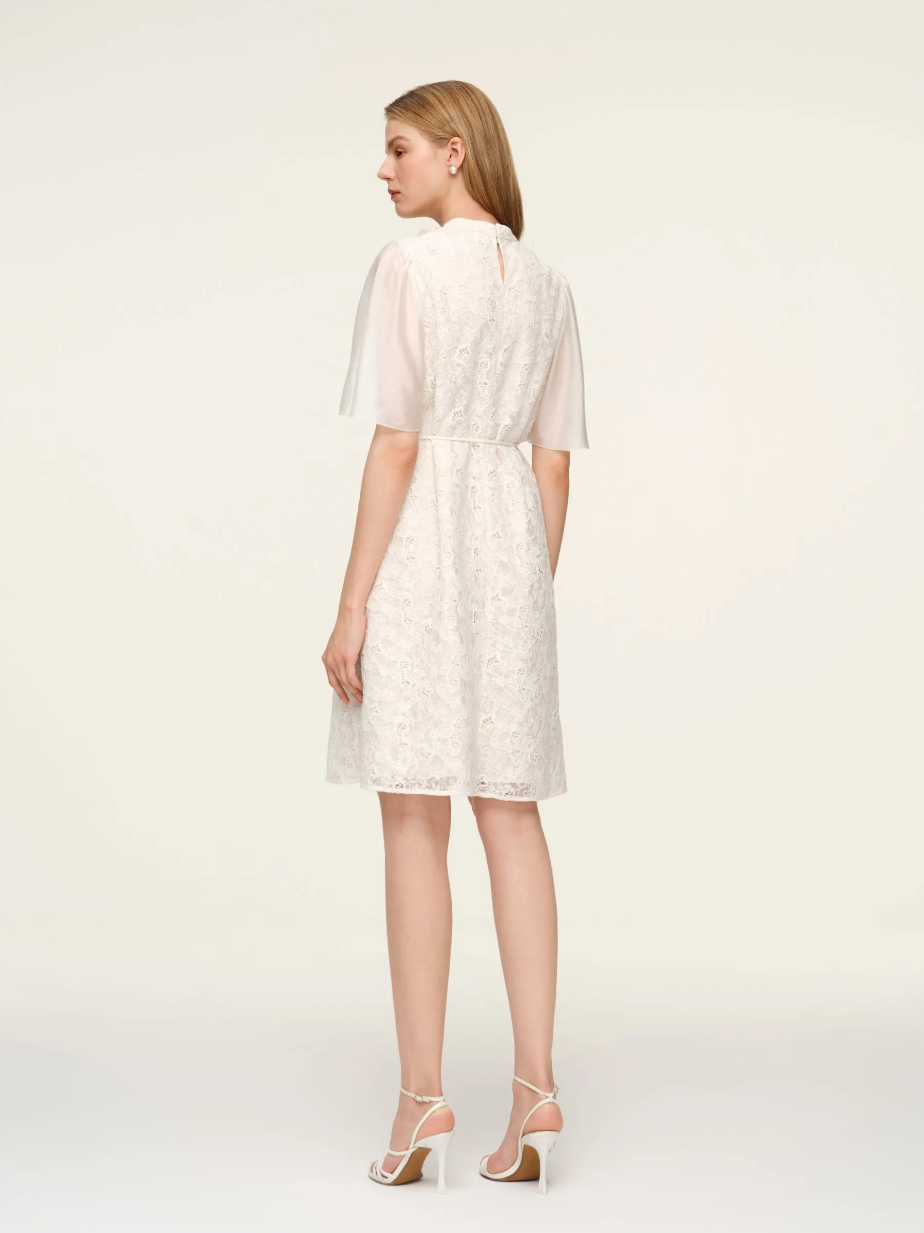 Lace Ruffle Sleeve A-Line Women Mini Dress With Tie-String Belt And Scrunchie sold by Goelia product image thumbnail 4