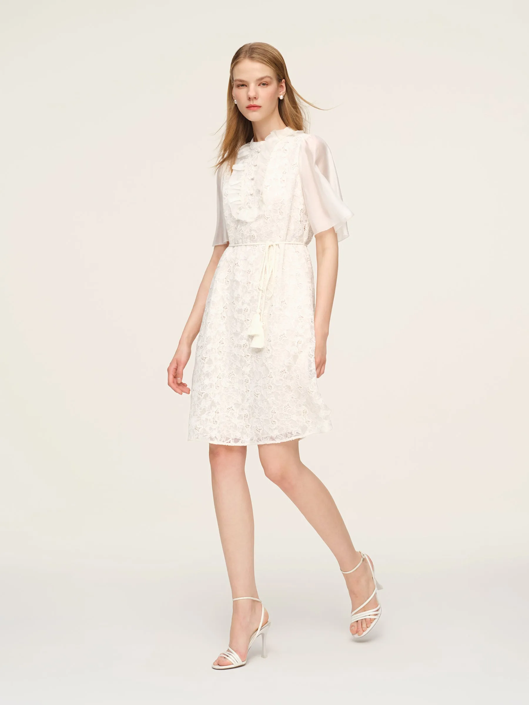 Lace Ruffle Sleeve A-Line Women Mini Dress With Tie-String Belt And Scrunchie sold by Goelia product image thumbnail 3