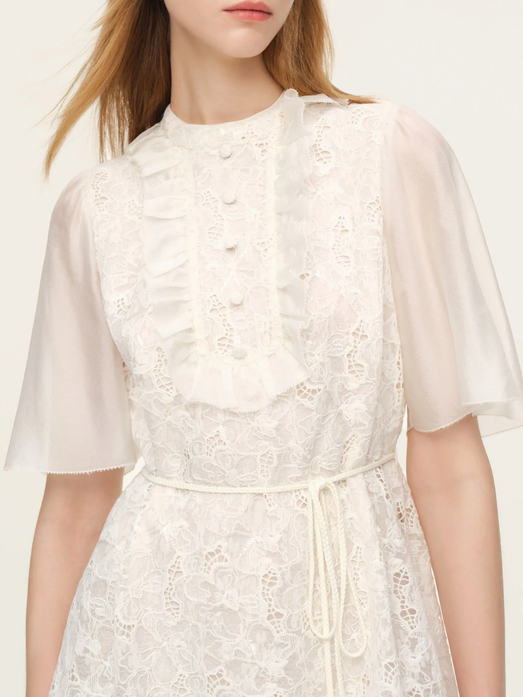 Lace Ruffle Sleeve A-Line Women Mini Dress With Tie-String Belt And Scrunchie sold by Goelia product image thumbnail 5