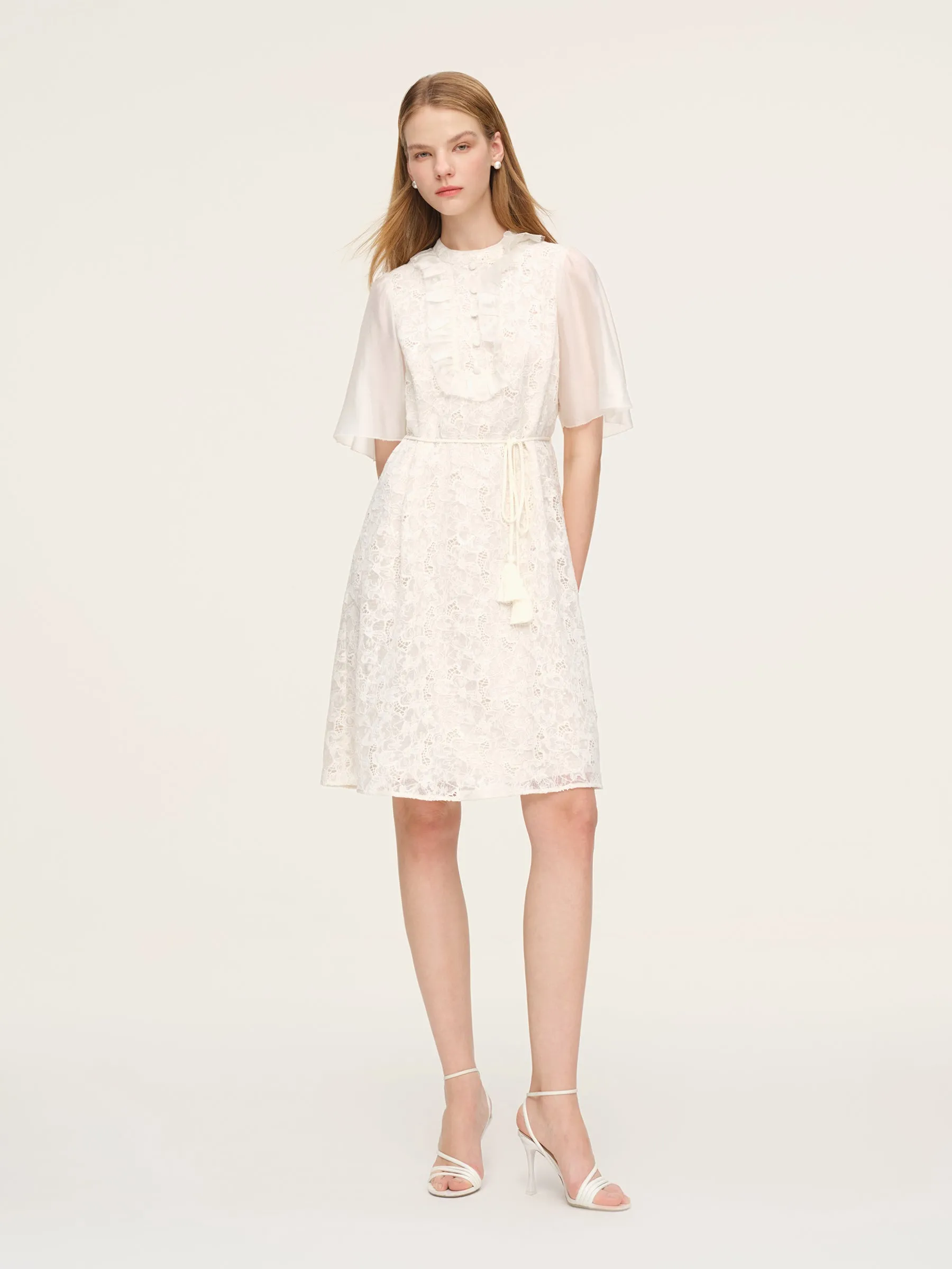 Lace Ruffle Sleeve A-Line Women Mini Dress With Tie-String Belt And Scrunchie sold by Goelia product image thumbnail 2