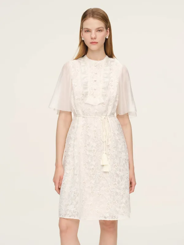 Lace Ruffle Sleeve A-Line Women Mini Dress With Tie-String Belt And Scrunchie sold by Goelia