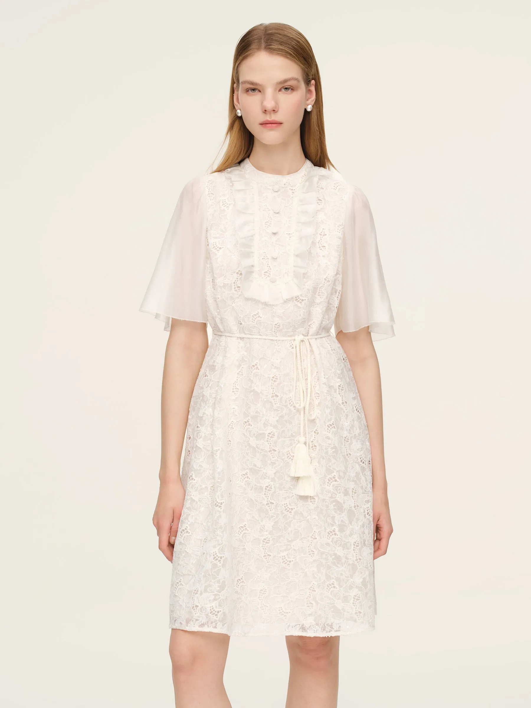 Lace Ruffle Sleeve A-Line Women Mini Dress With Tie-String Belt And Scrunchie sold by Goelia