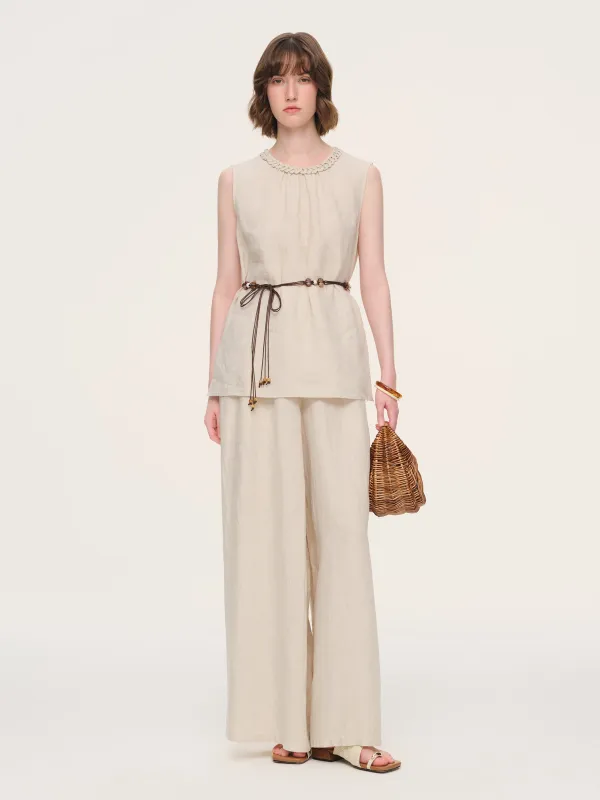 100% Linen Braided Neck Tank Top And Pants Two-Piece Set With Beaded Belt made by Goelia