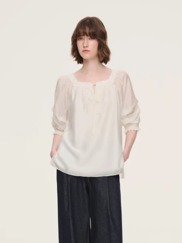 Tencel Blend Embroidered Square Neck Women Blouse sold by Goelia