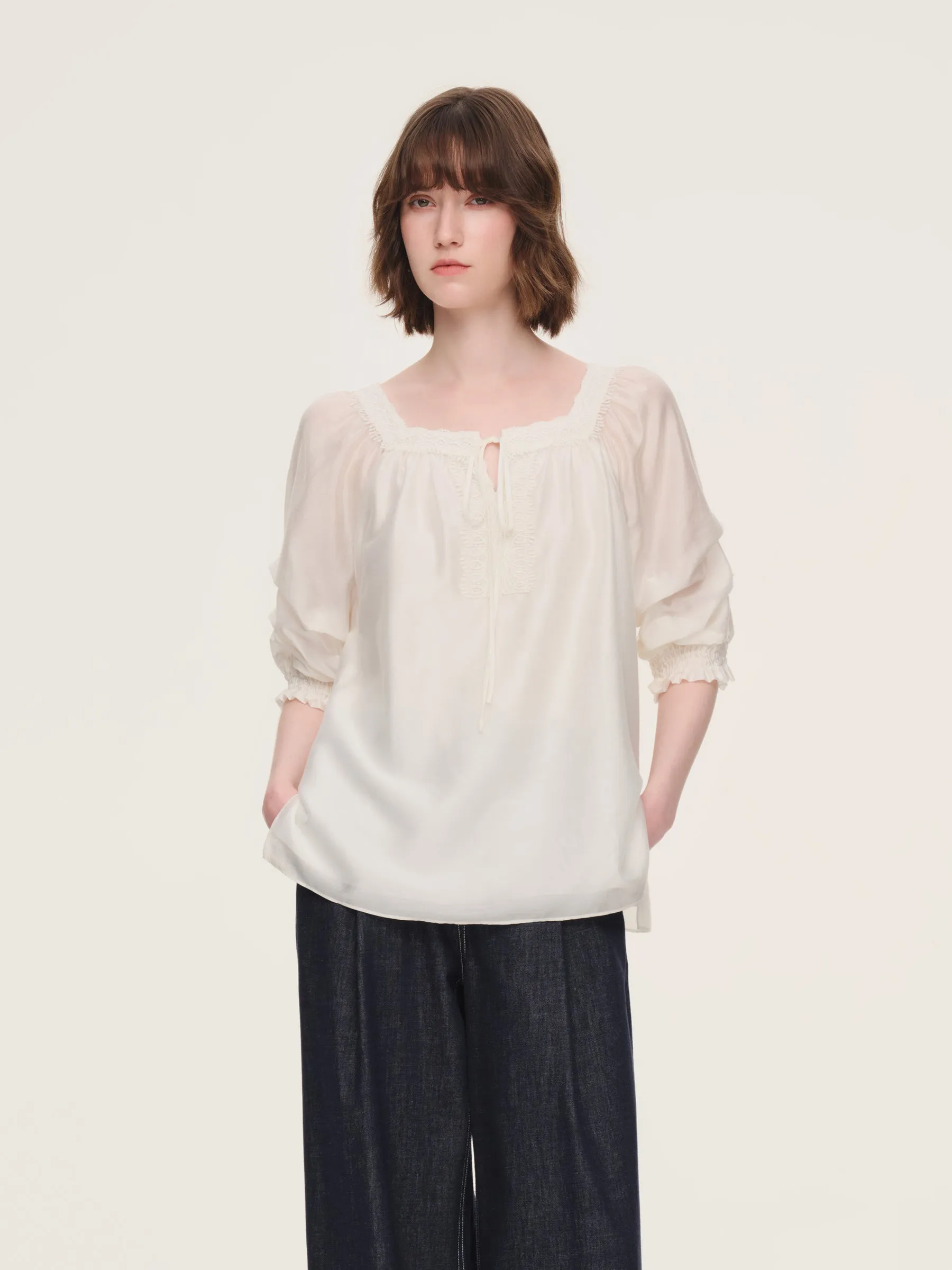 Tencel Blend Embroidered Square Neck Women Blouse sold by Goelia