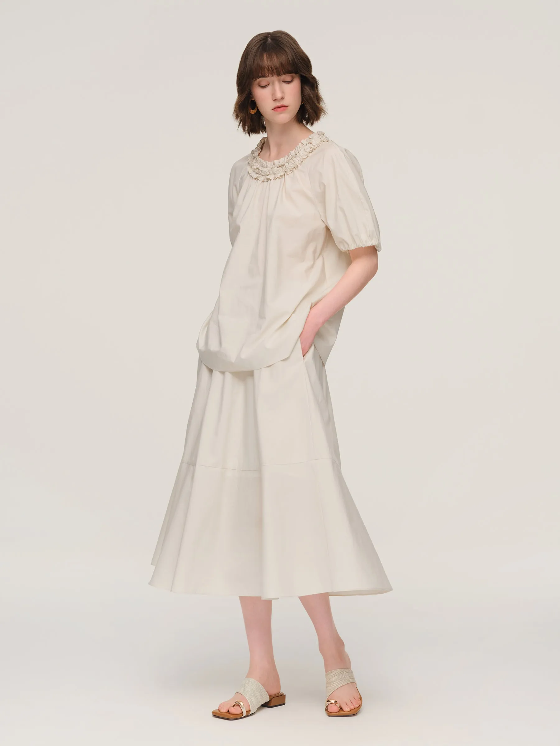 100% Cotton Ruffle Round Neck Top And A-Line Skirt Two-Piece Set sold by Goelia product image thumbnail 2