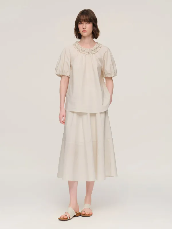 100% Cotton Ruffle Round Neck Top And A-Line Skirt Two-Piece Set made by Goelia