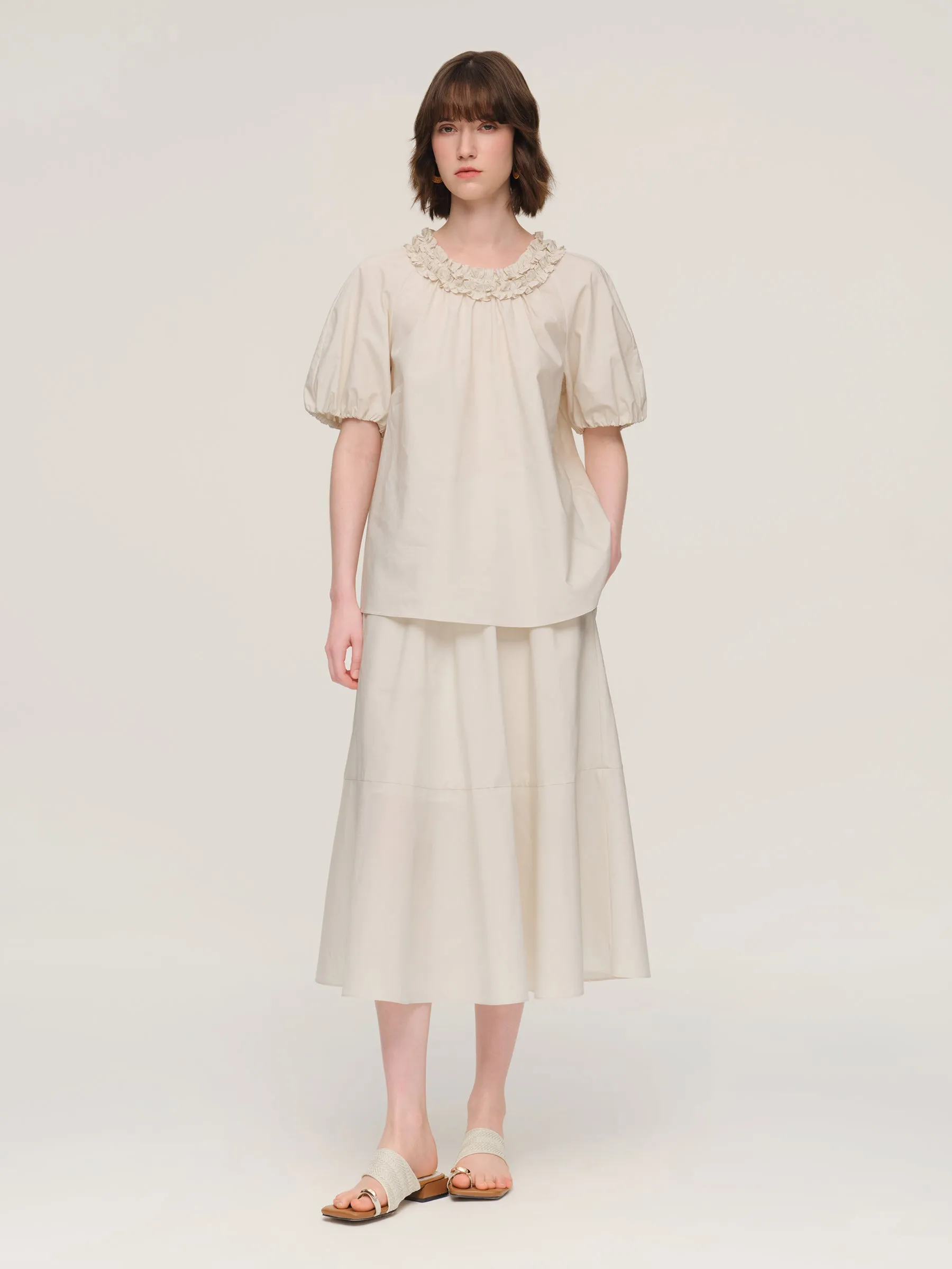 100% Cotton Ruffle Round Neck Top And A-Line Skirt Two-Piece Set sold by Goelia