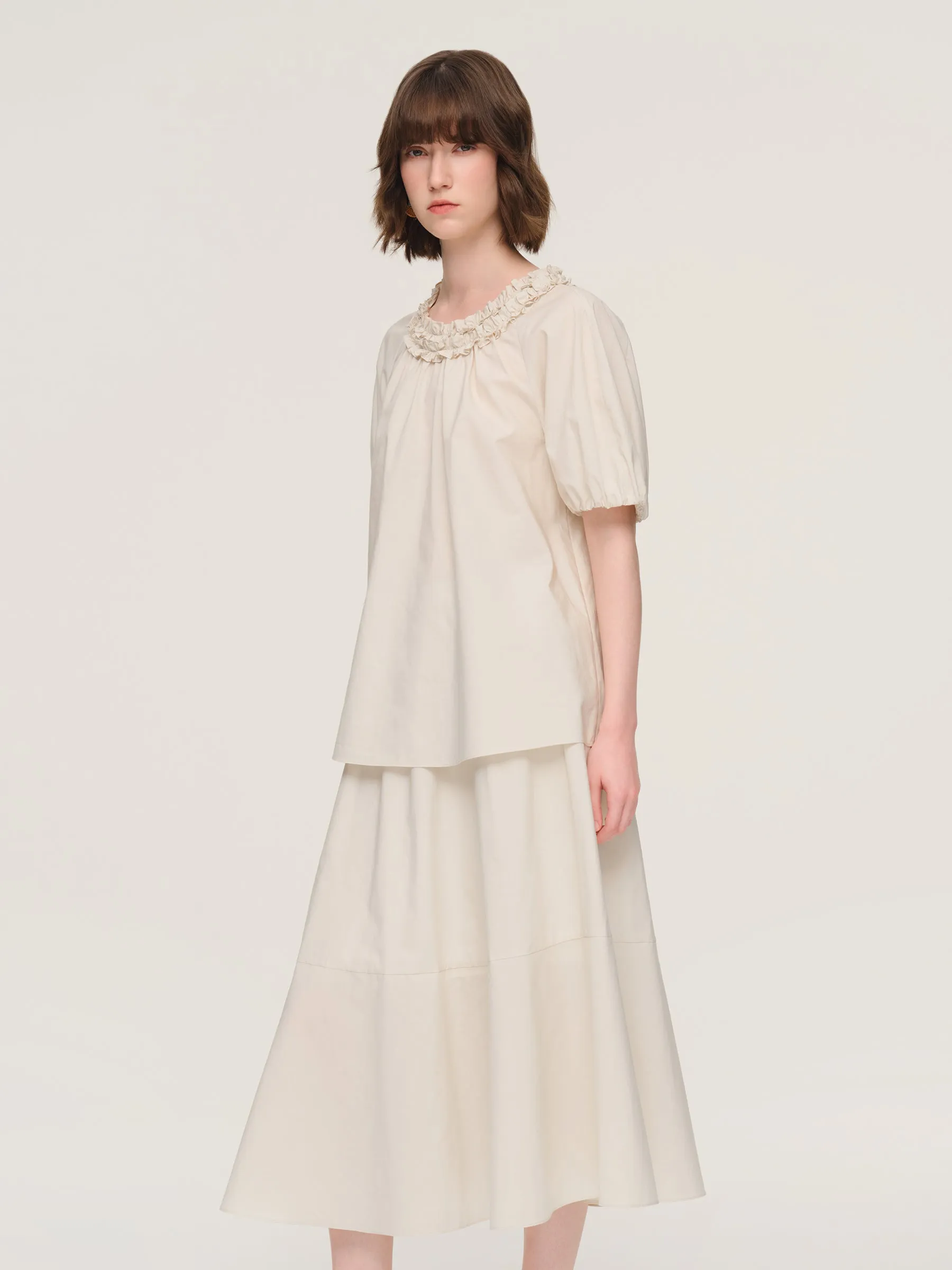 100% Cotton Ruffle Round Neck Top And A-Line Skirt Two-Piece Set sold by Goelia product image thumbnail 4