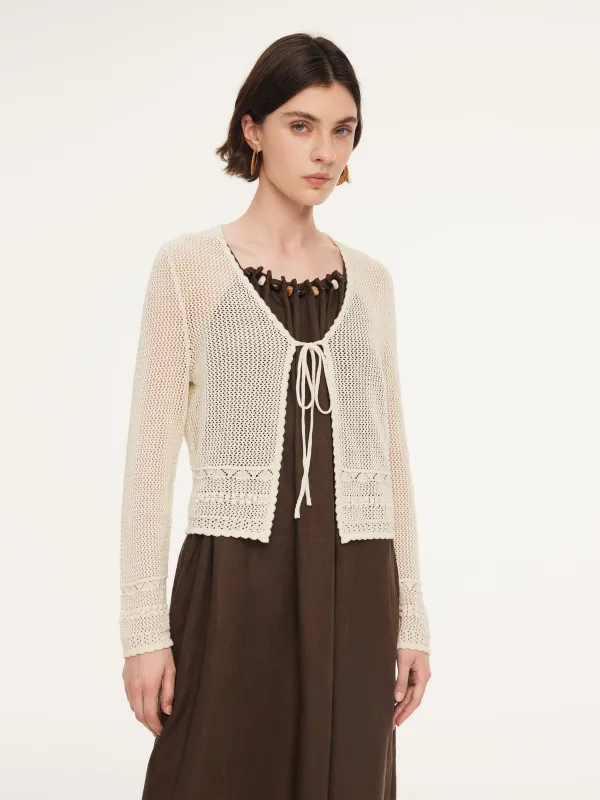 100% Cotton Openwork Tie Front Women Cardigan sold by Goelia