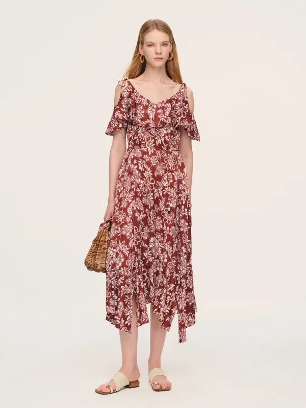 Marigold Floral Print Cold Shoulder Women Strap Maxi Dress sold by Goelia
