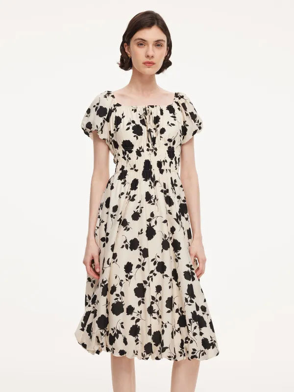 Acetate Blend Floral Print Bubble Hem Women Midi Dress With Scrunchie sold by Goelia