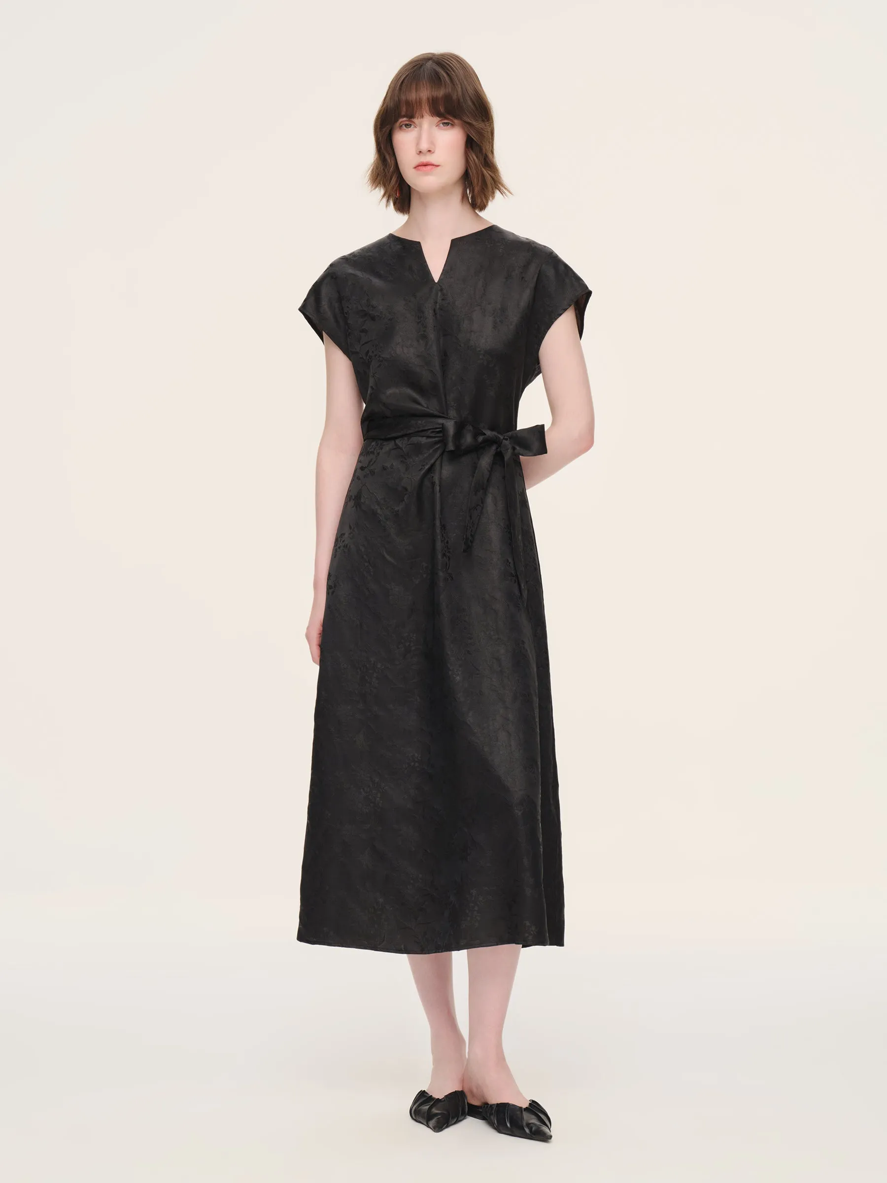 19MM Gambiered Canton Gauze Women Belted Maxi Dress With Scrunchie sold by Goelia