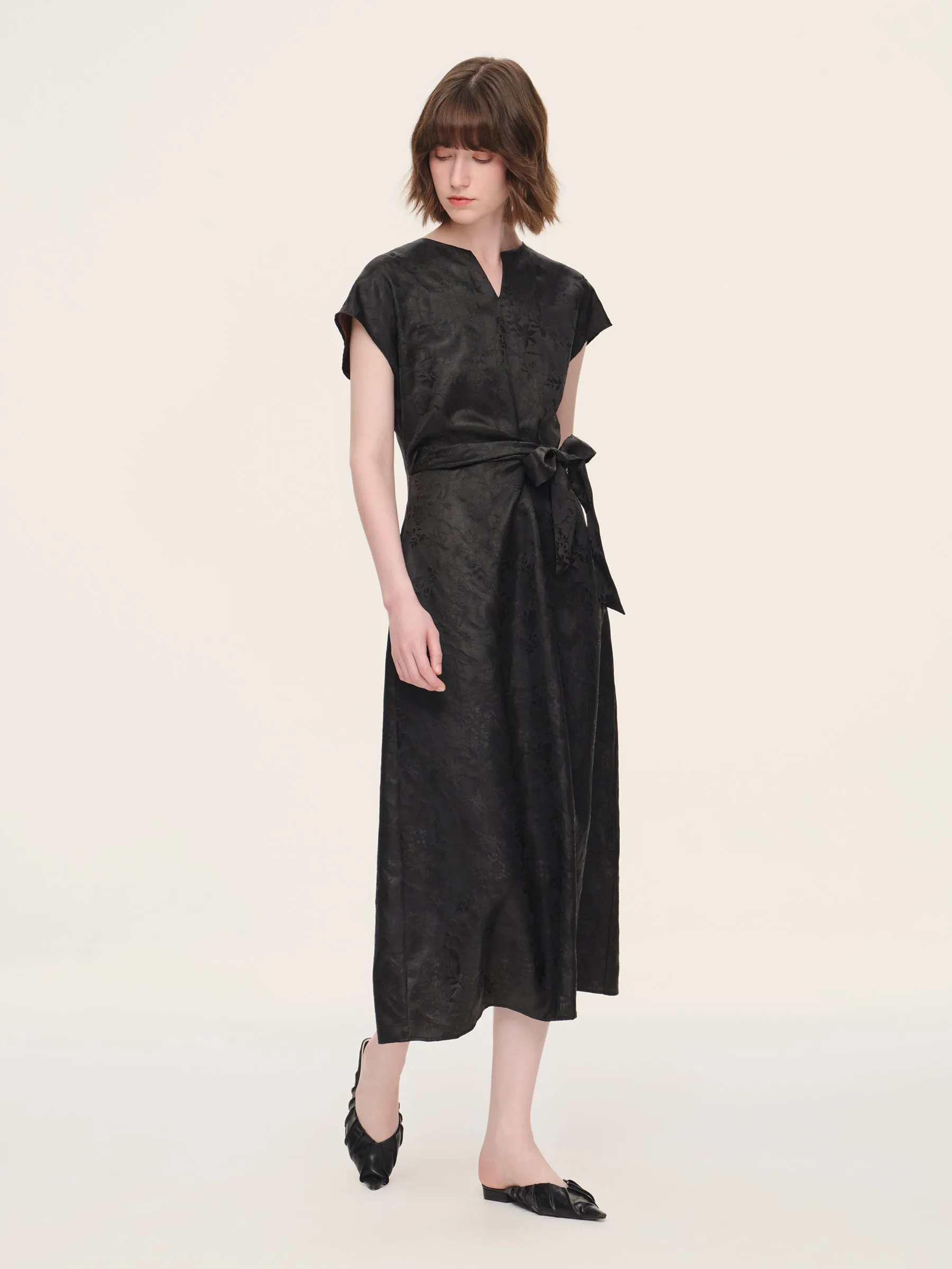 19MM Gambiered Canton Gauze Women Belted Maxi Dress With Scrunchie sold by Goelia product image thumbnail 2