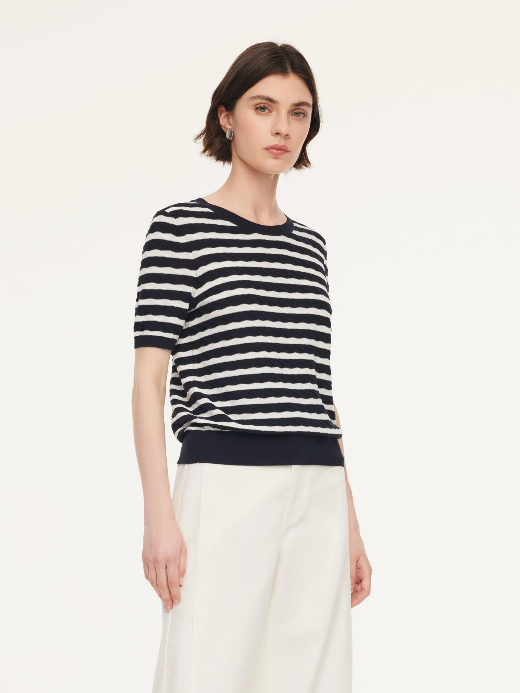 Lyocell Blend Stripe Round Neck Women Knit Top sold by Goelia product image thumbnail 4