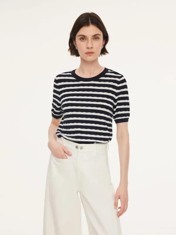 Lyocell Blend Stripe Round Neck Women Knit Top made by Goelia