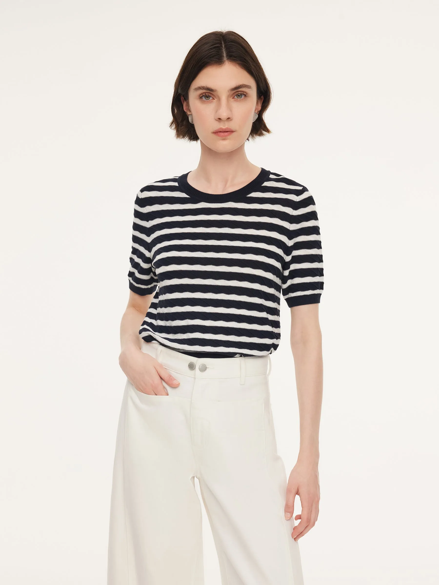 Lyocell Blend Stripe Round Neck Women Knit Top sold by Goelia