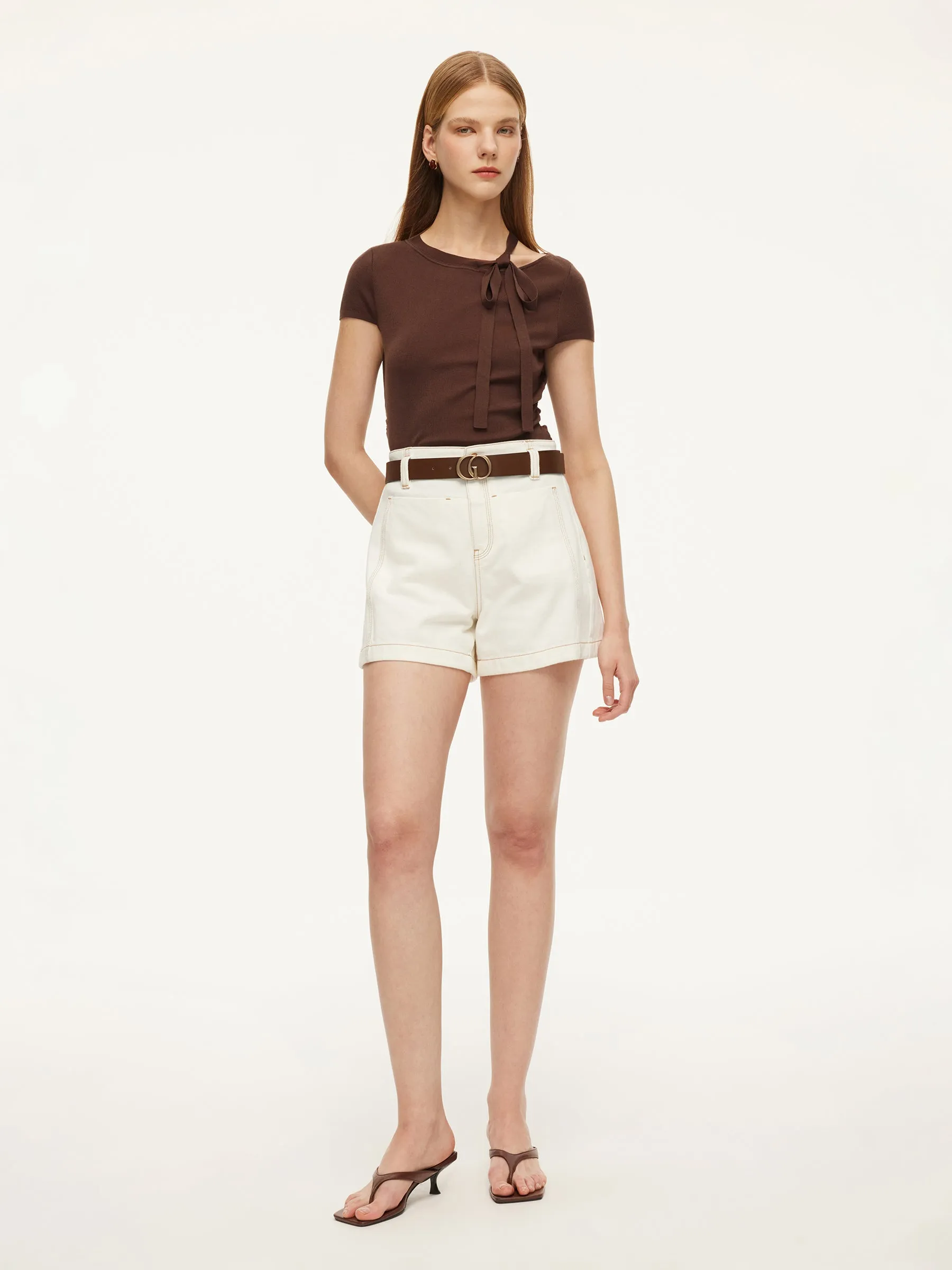 100% Cotton Denim Women Slim Fit Shorts With Belt sold by Goelia product image thumbnail 3