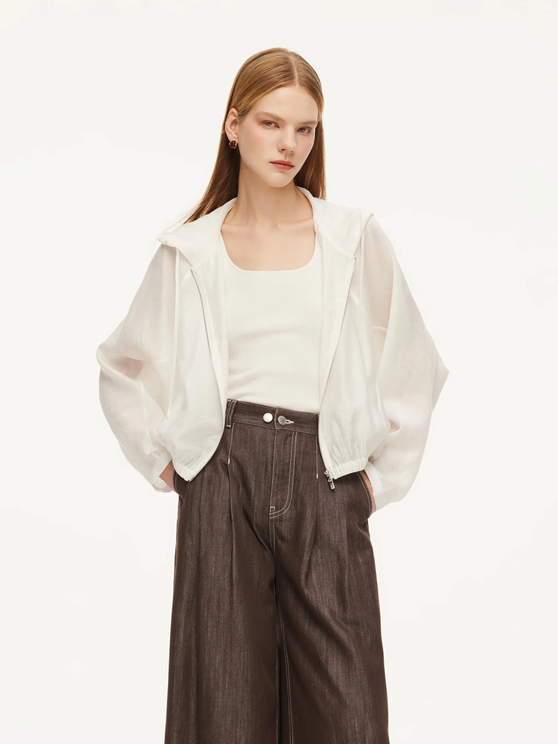 Tencel Acetate Linen Blend Women Zip-Up Hooded Cropped Jacket sold by Goelia product image thumbnail 2