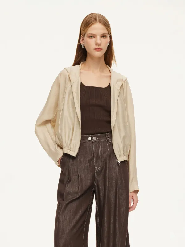 Tencel Acetate Linen Blend Women Zip-Up Hooded Cropped Jacket made by Goelia
