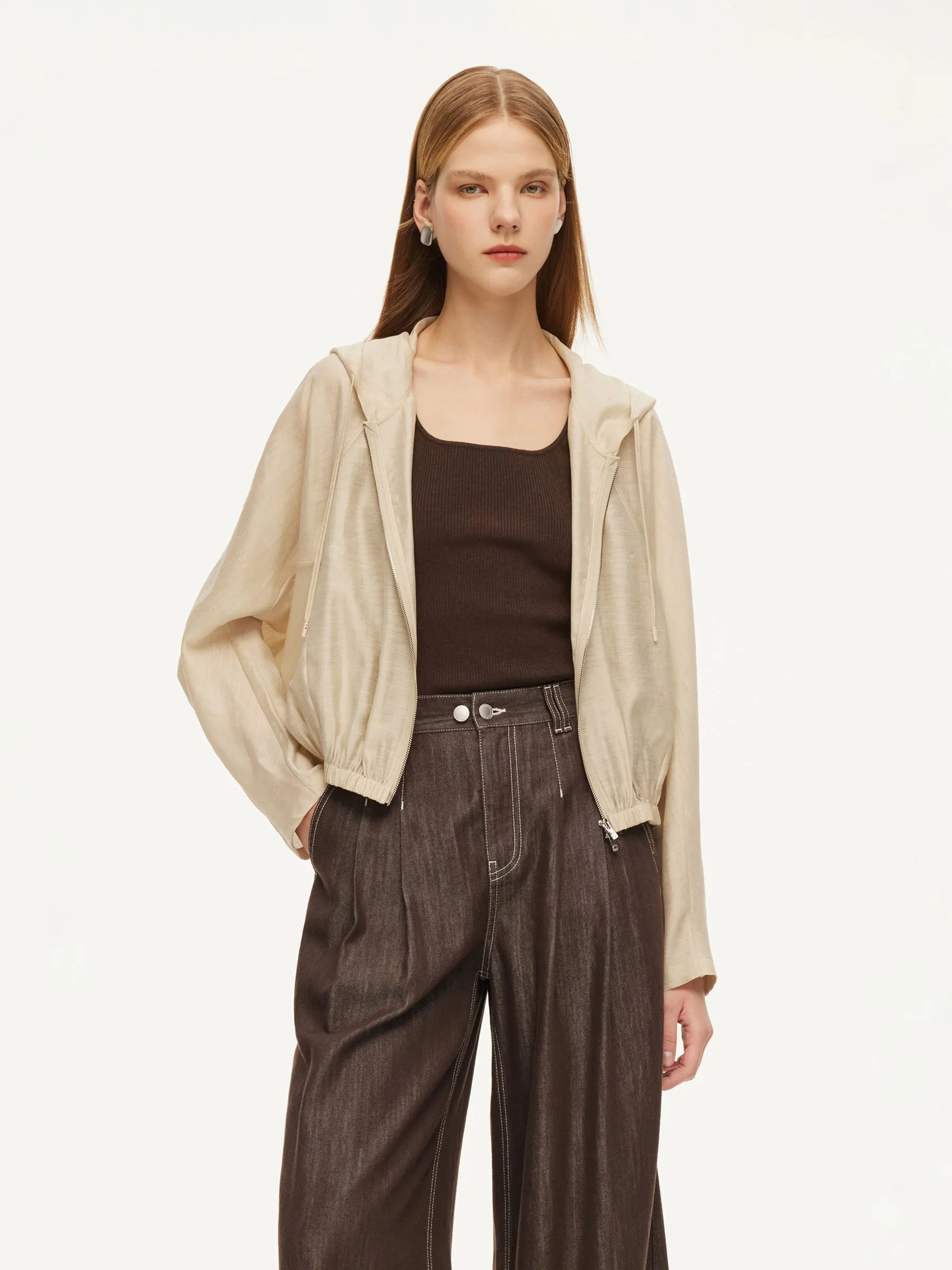 Tencel Acetate Linen Blend Women Zip-Up Hooded Cropped Jacket sold by Goelia